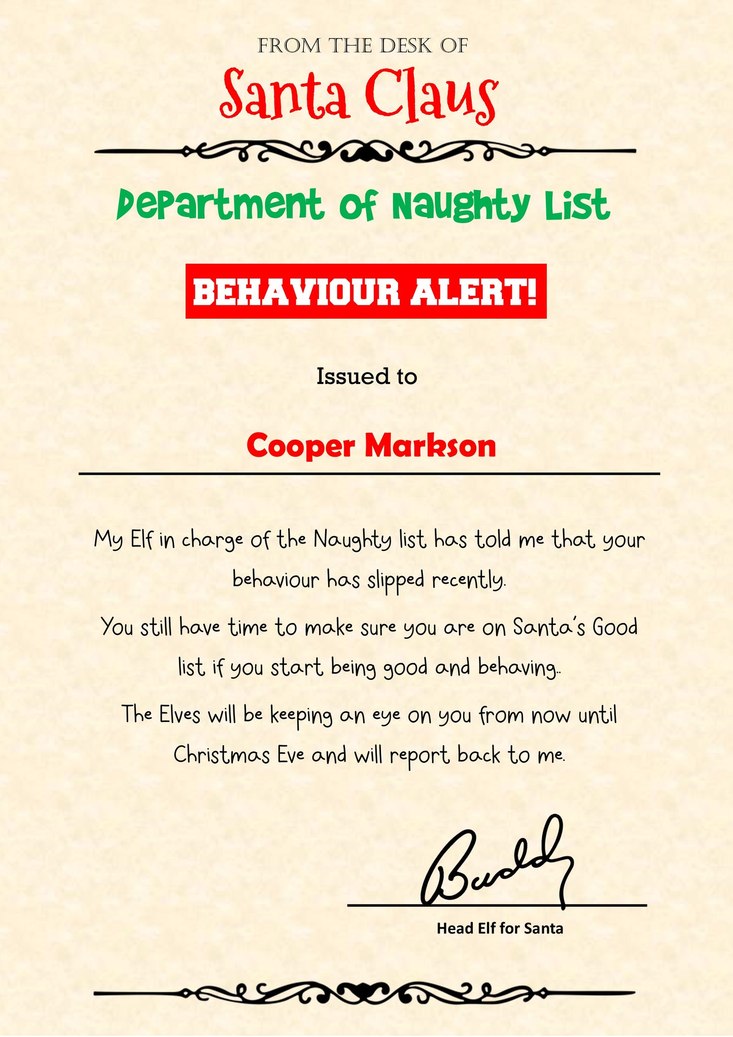 Warning Letter from Buddy the Elf