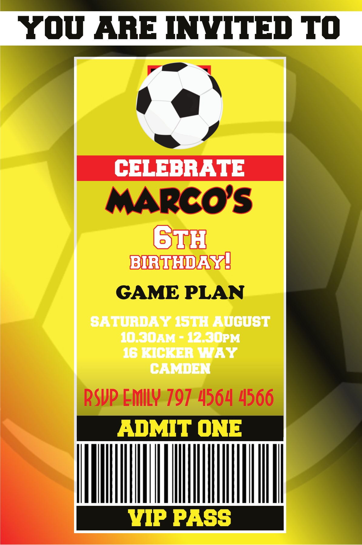 Watford themed Birthday Invitation