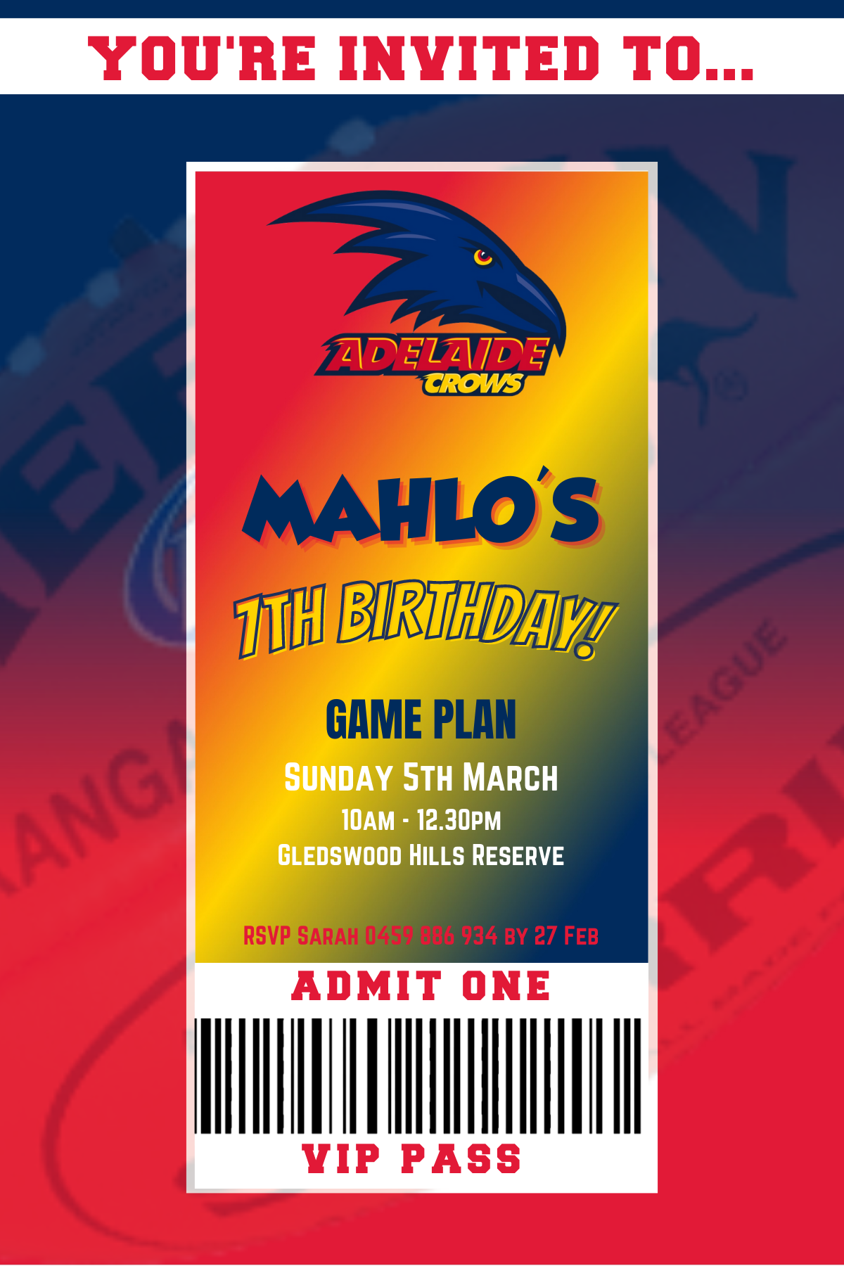 Adelaide Crows VIP Pass Birthday Invitation