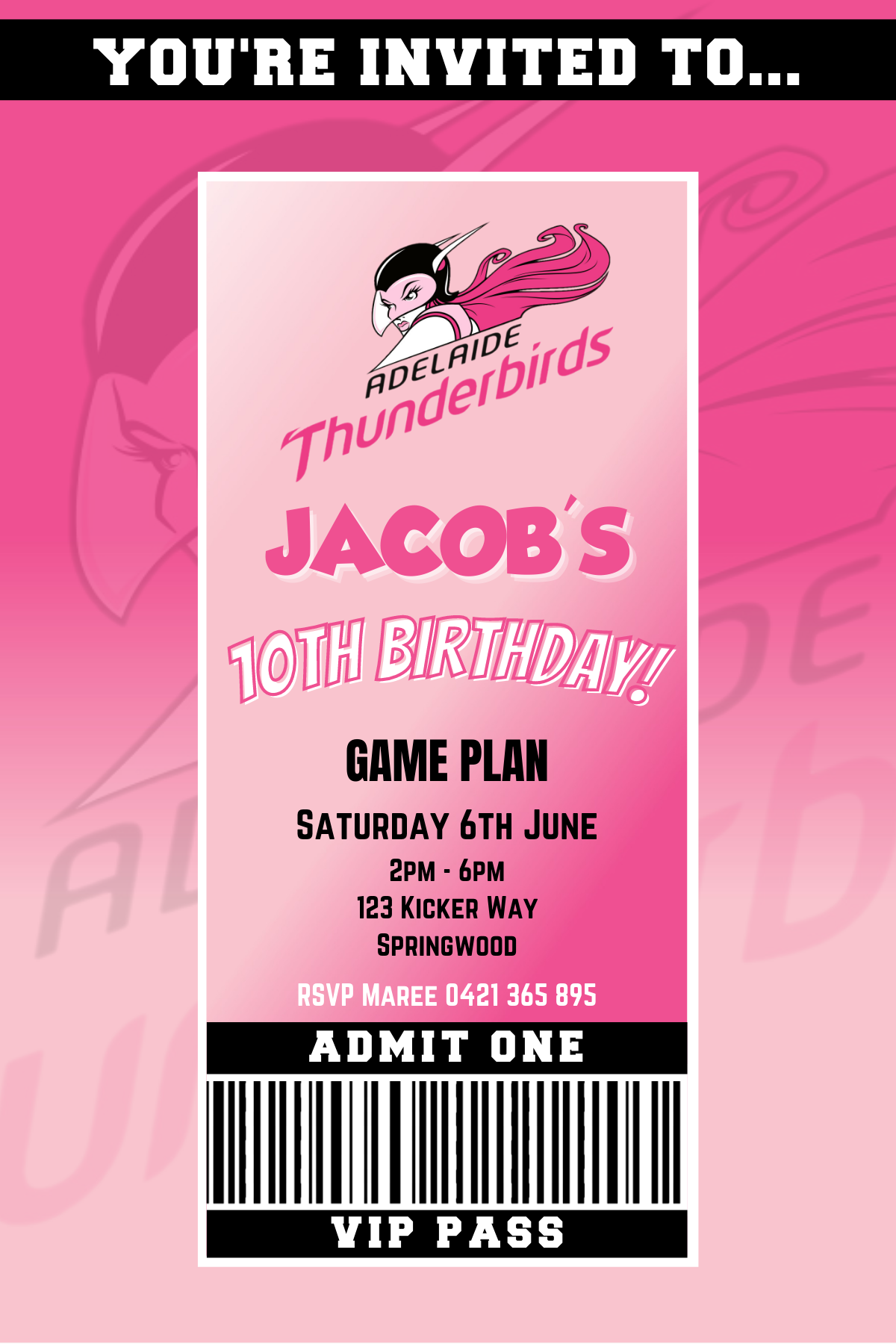 Adelaide Thunderbirds Netball VIP Pass Birthday Invitation