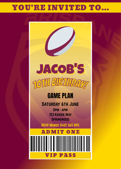 Brisbane Broncos themed VIP Pass Birthday Invitation