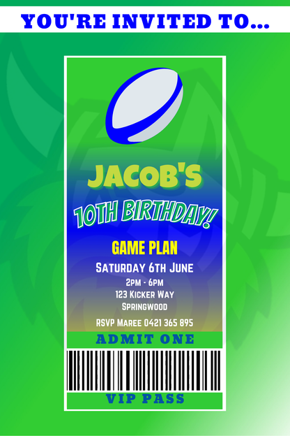 Canberra Raiders themed VIP Pass Birthday Invitation