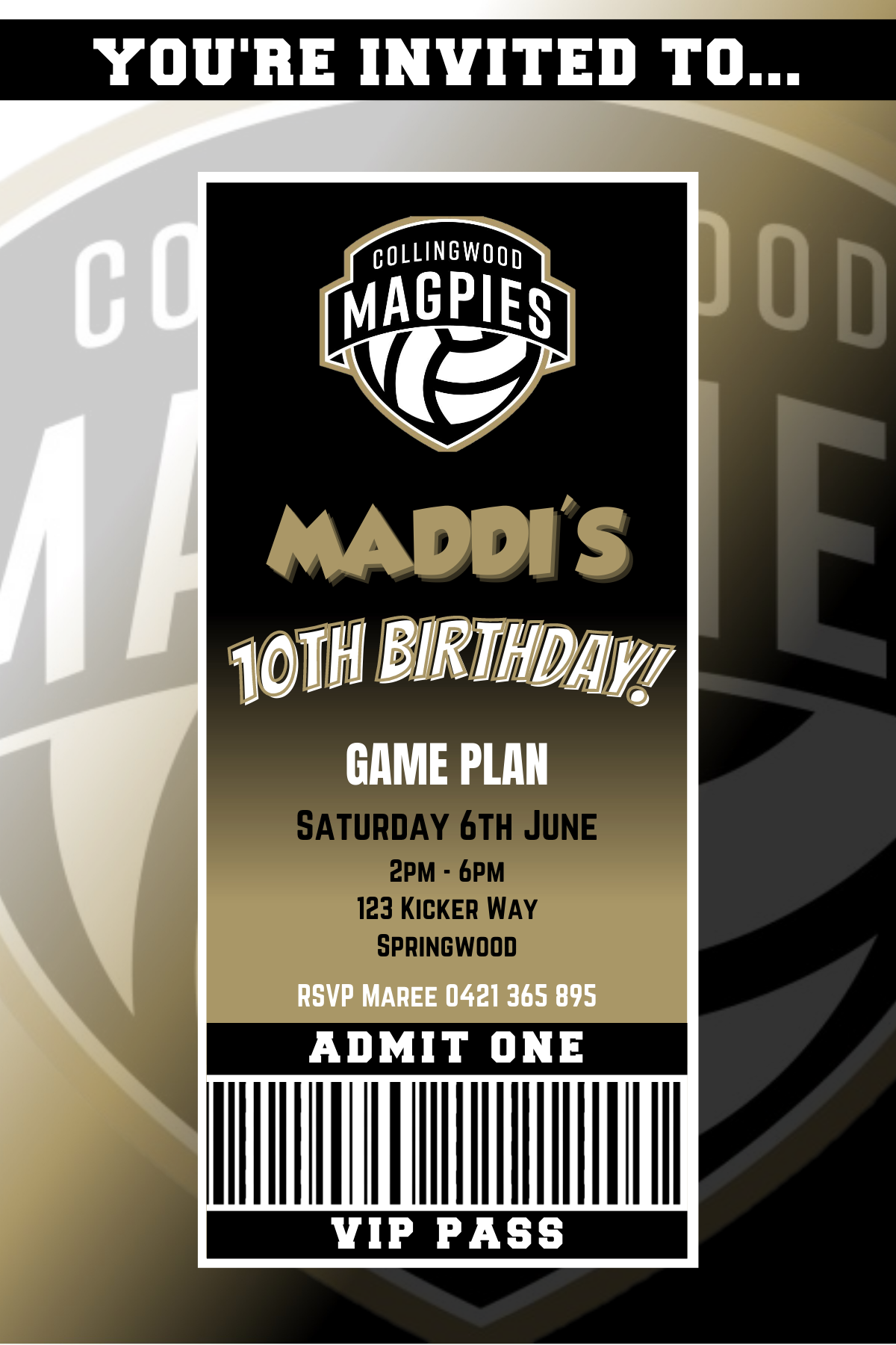 Collingwood Magpies Netball VIP Pass Birthday Invitation