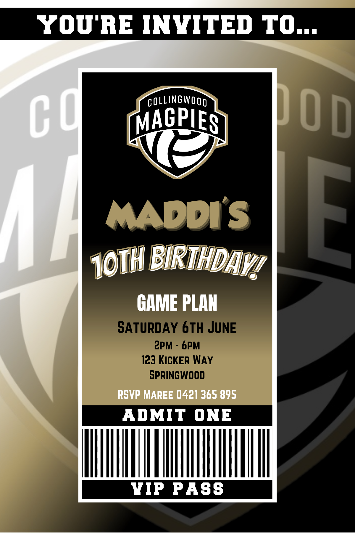 Collingwood Magpies Netball VIP Pass Birthday Invitation – Maz Kreations