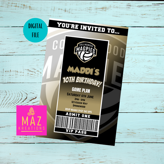 Collingwood Magpies Netball VIP Pass Birthday Invitation