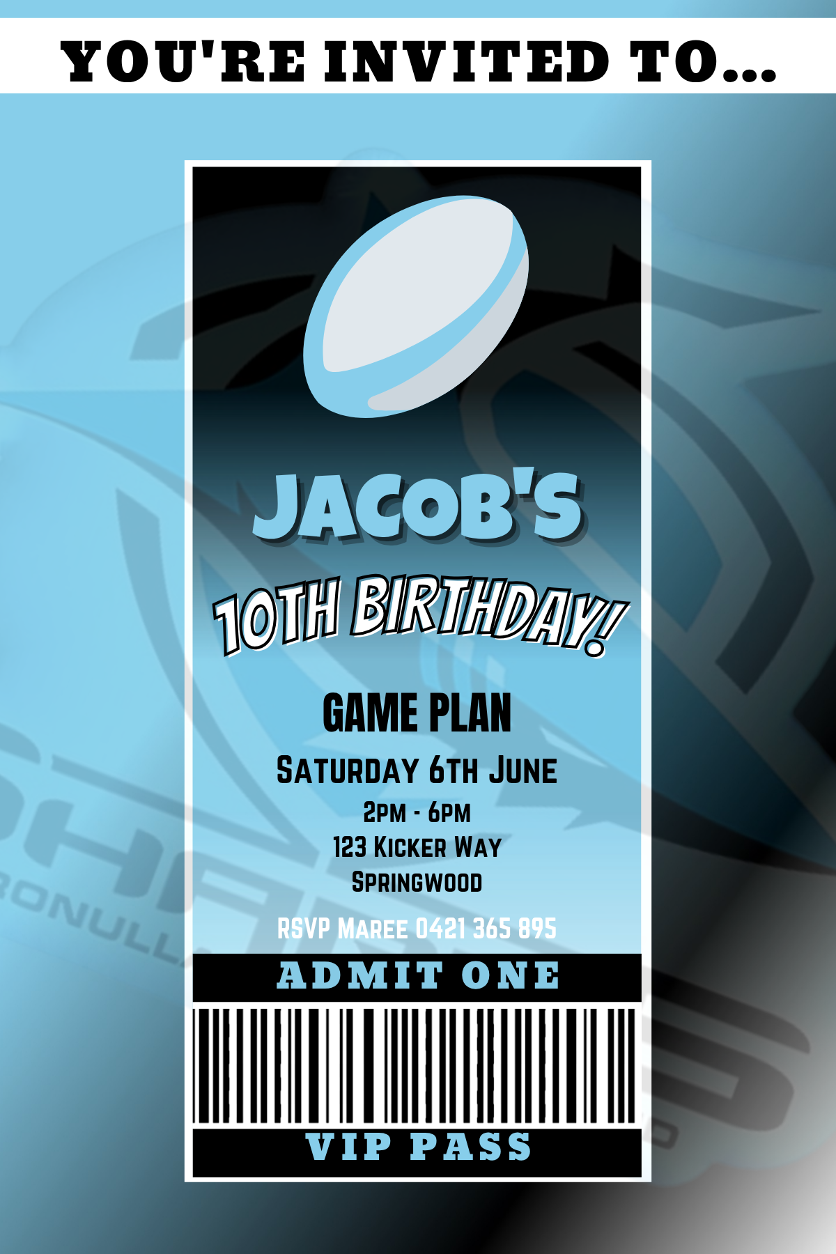 Cronulla Sharks VIP Pass Birthday Invitation