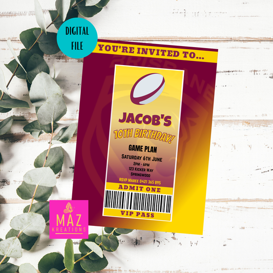 Brisbane Broncos themed VIP Pass Birthday Invitation