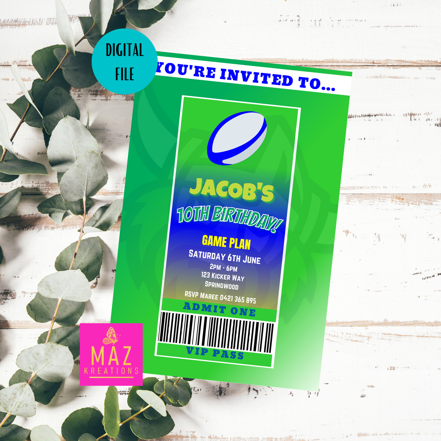 Canberra Raiders themed VIP Pass Birthday Invitation