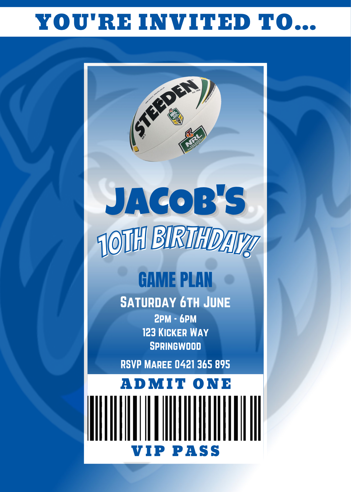 Canterbury Bulldogs themed VIP Pass Birthday Invitation