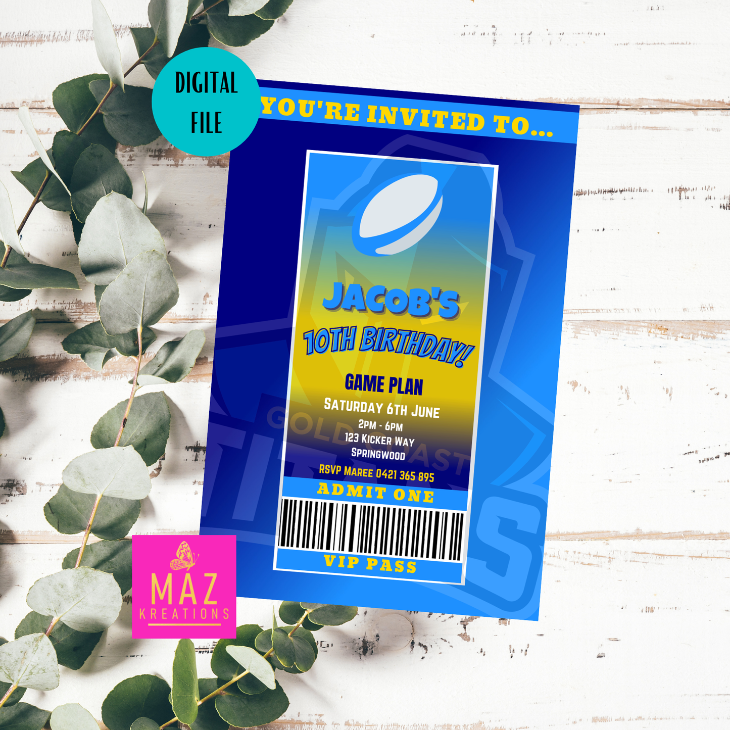 Gold Coast Titans VIP Pass Birthday Invitation