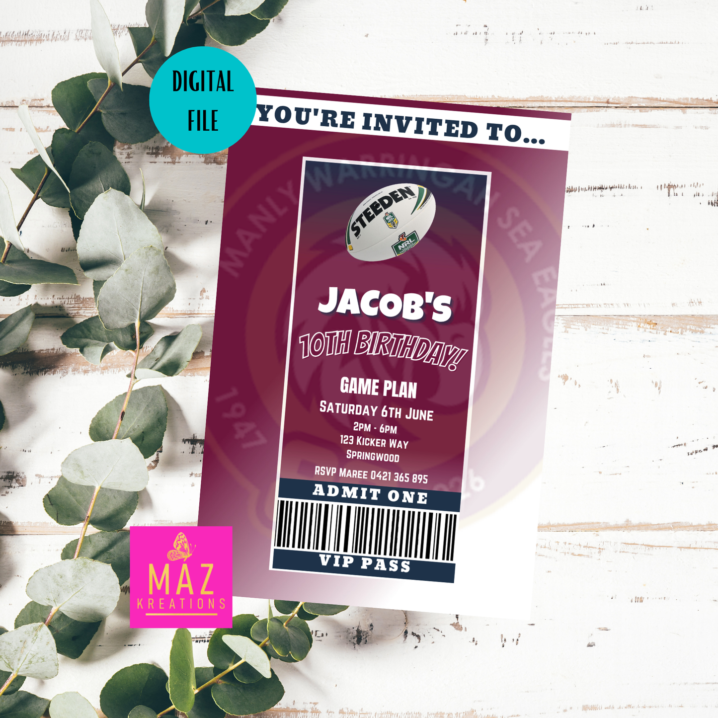 Manly Sea Eagles VIP Pass Birthday Invitation