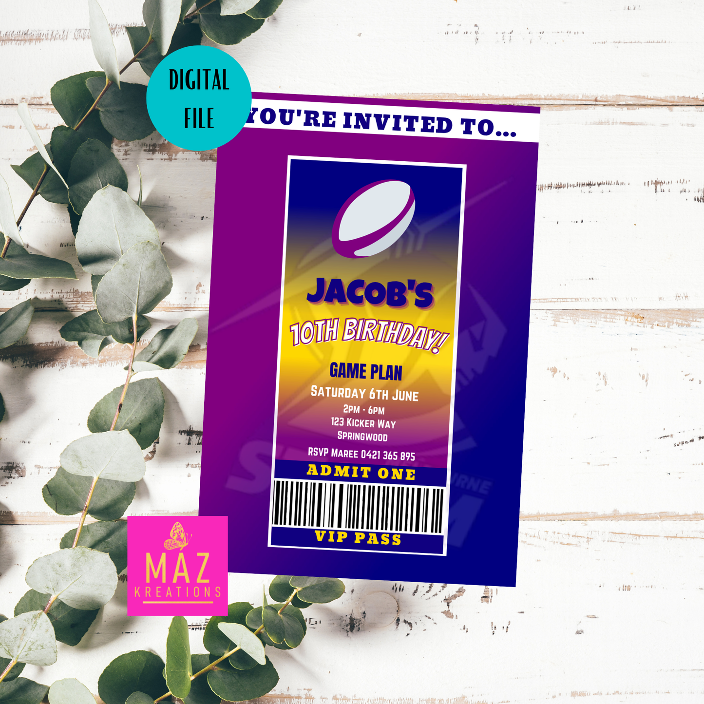 Melbourne Storm themed VIP Pass Birthday Invitation