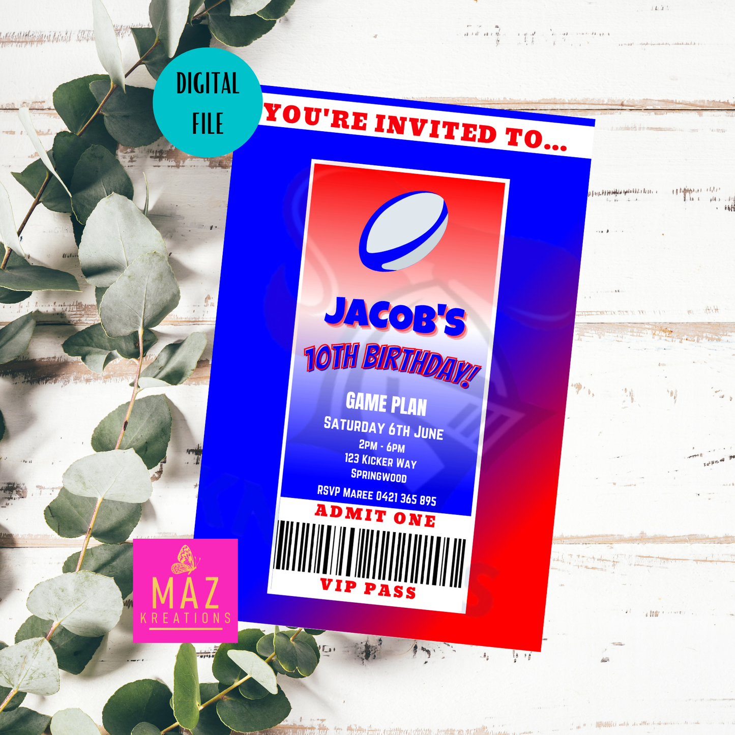 Newcastle Knights themed VIP Pass Birthday Invitation