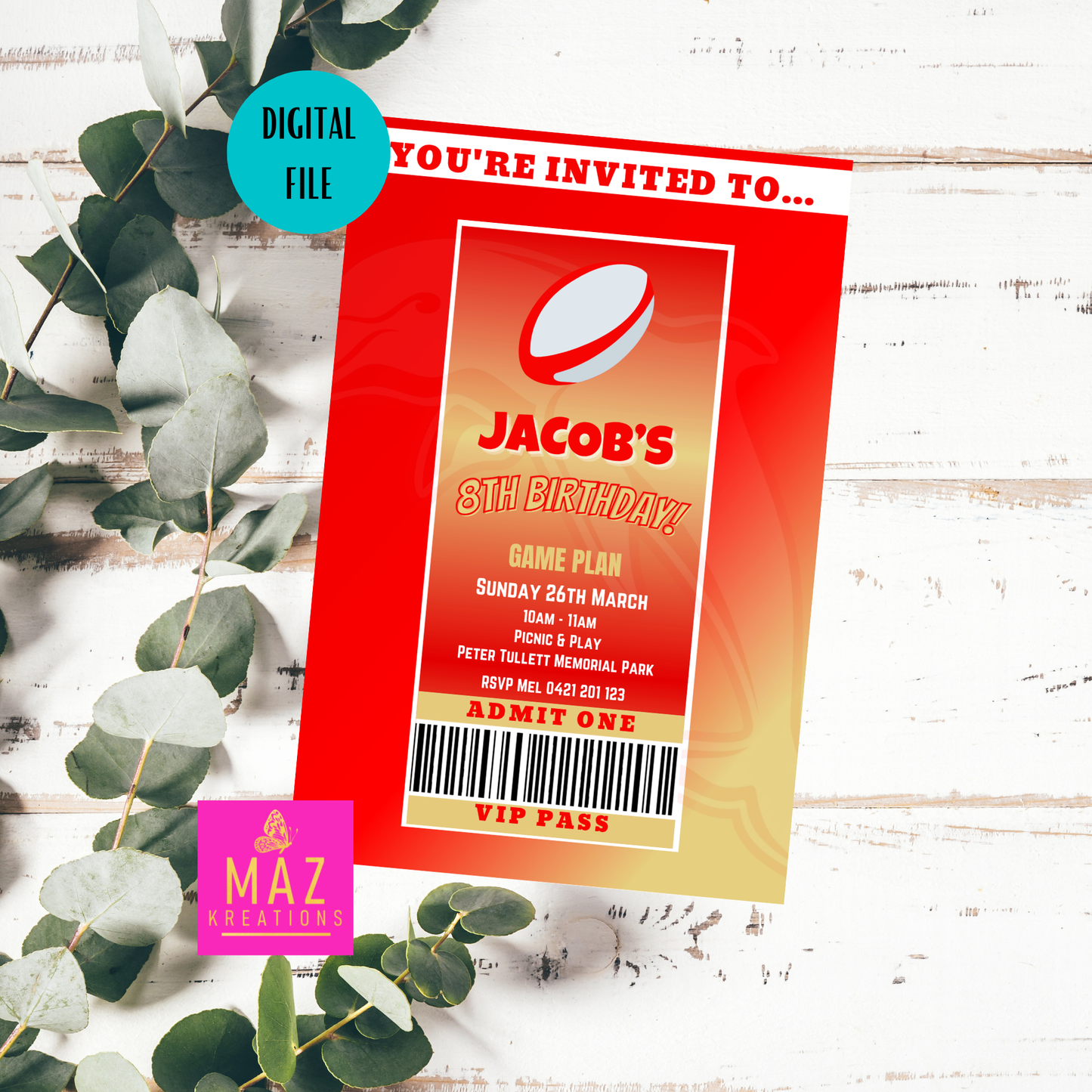 Redcliffe Dolphins VIP Pass Birthday Invitation