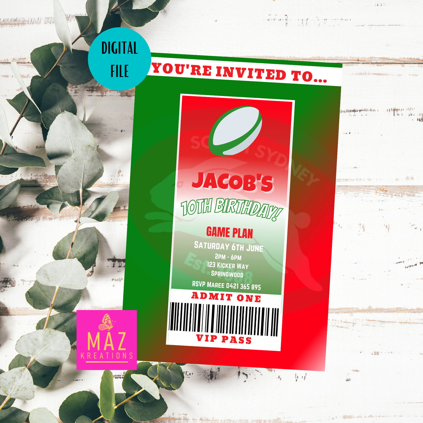 South Sydney Rabbitohs VIP Pass Birthday Invitation