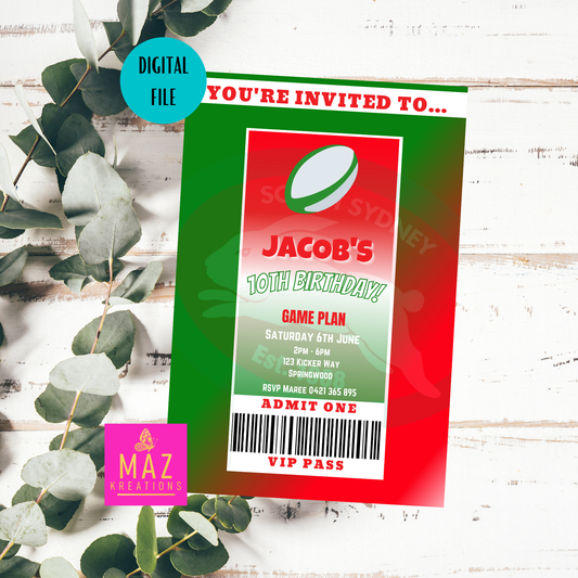 South Sydney Rabbitohs VIP Pass Birthday Invitation