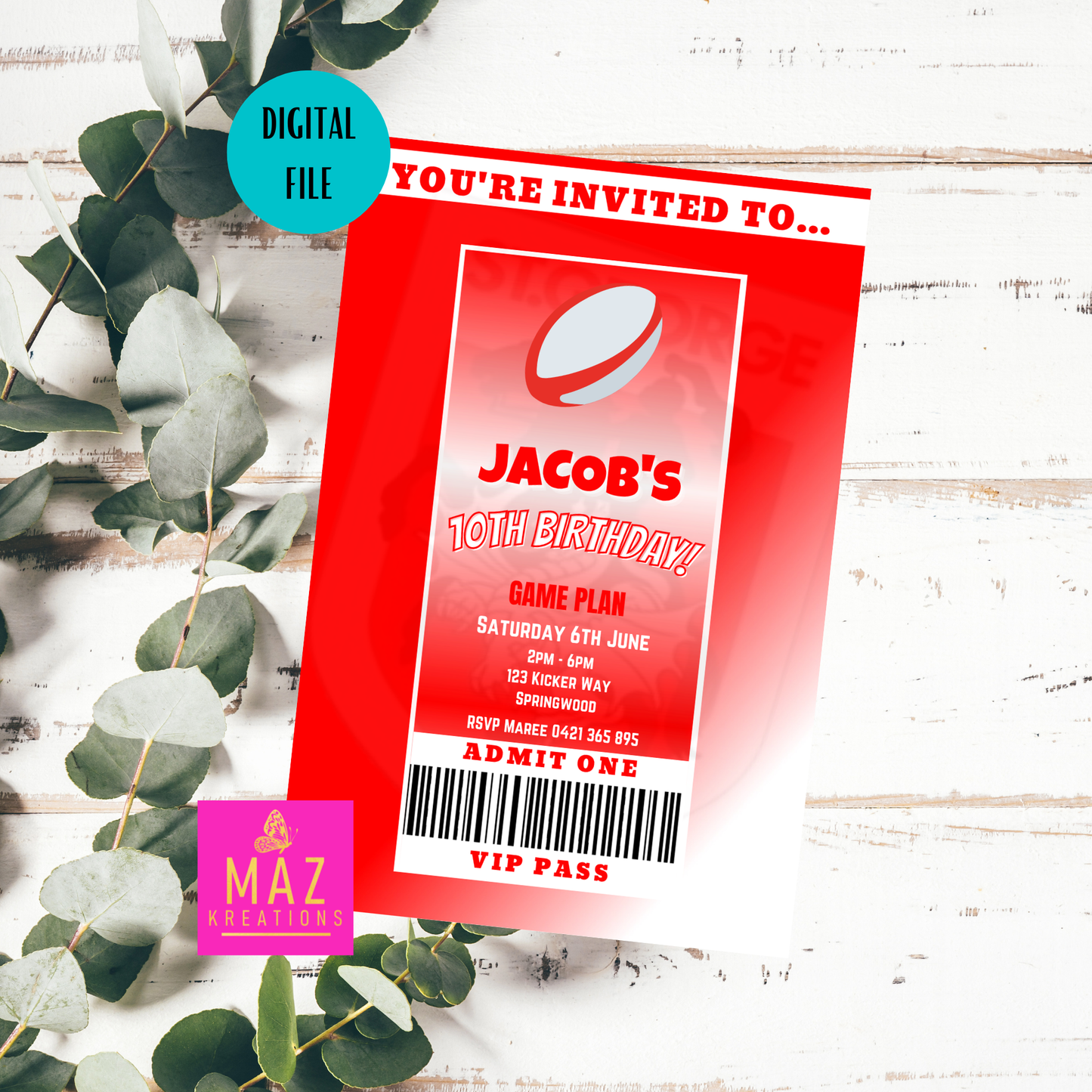St George Illawarra Dragons VIP Pass Birthday Invitation