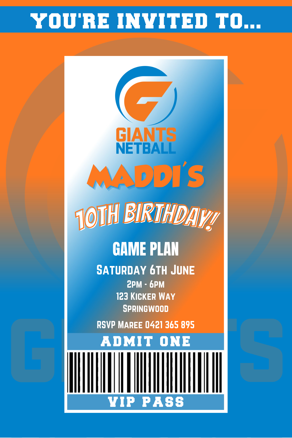 Giants Netball VIP Pass Birthday Invitation