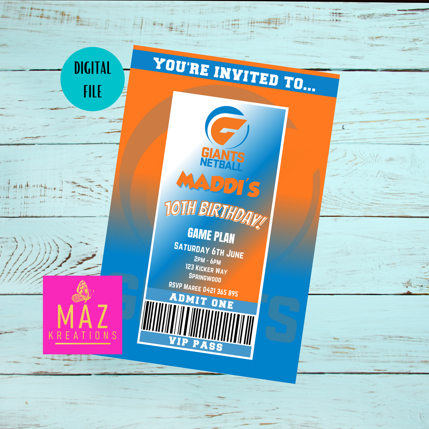 Giants Netball VIP Pass Birthday Invitation