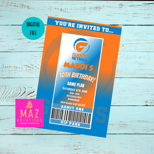 Giants Netball VIP Pass Birthday Invitation
