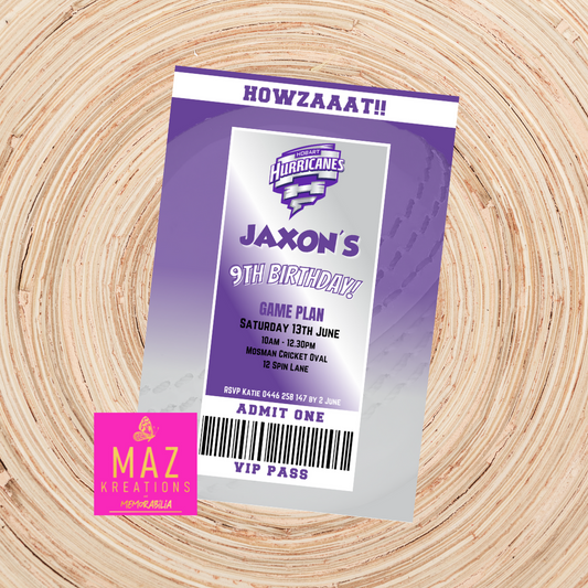 Hobart Hurricanes BBL VIP Pass Birthday Invitation