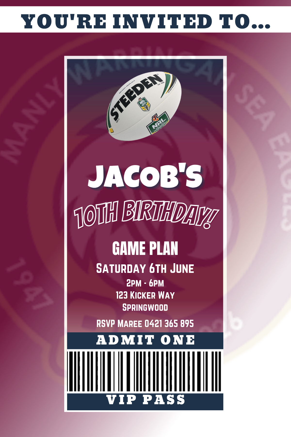 Manly Sea Eagles VIP Pass Birthday Invitation