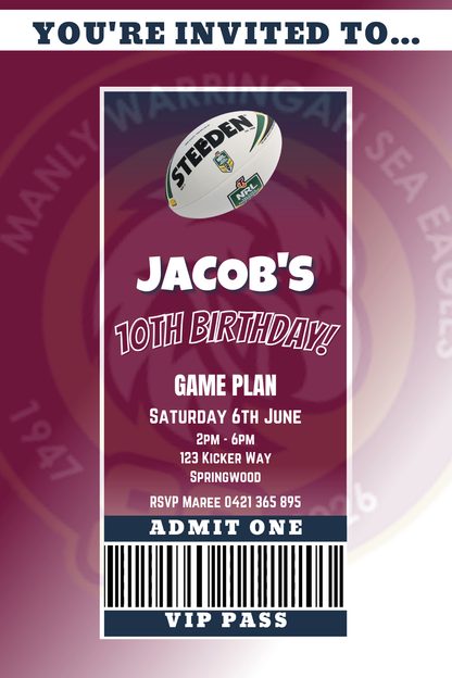 Manly Sea Eagles VIP Pass Birthday Invitation
