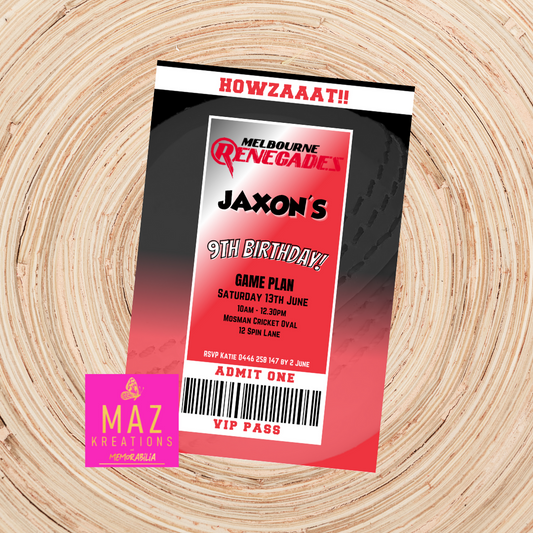 Melbourne Renegades BBL VIP Pass Birthday Invitation