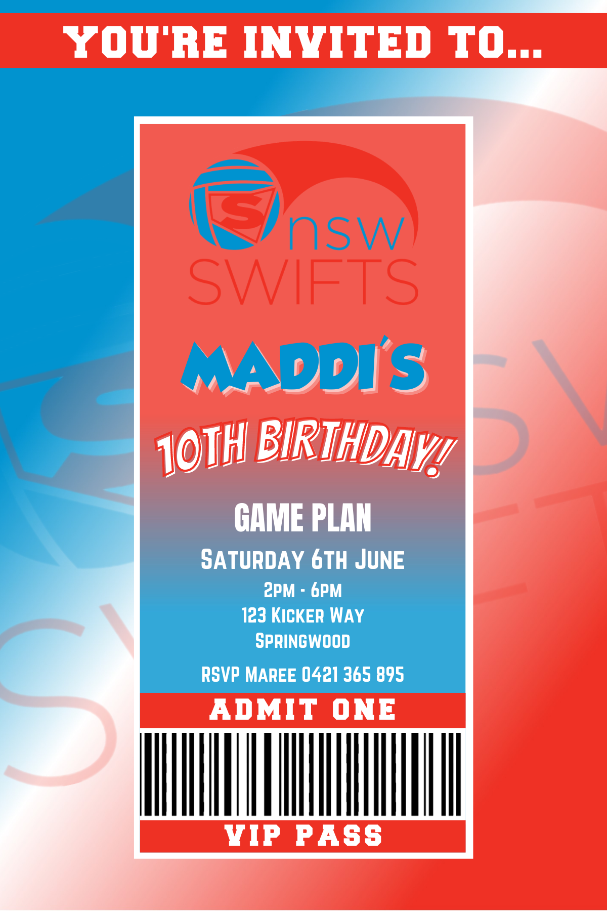 NSW Swifts Netball VIP Pass Birthday Invitation