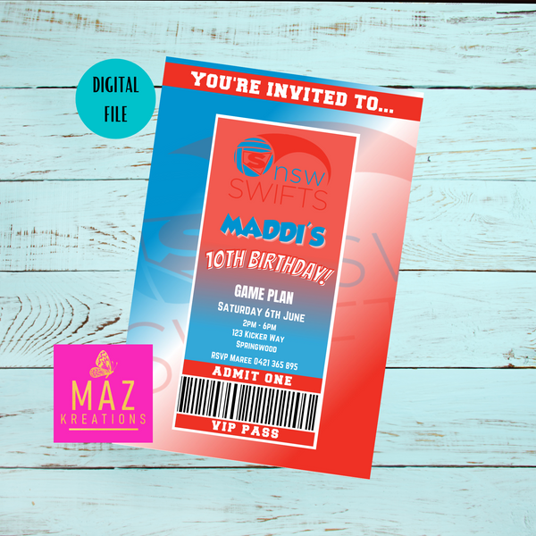 NSW Swifts Netball VIP Pass Birthday Invitation – Maz Kreations