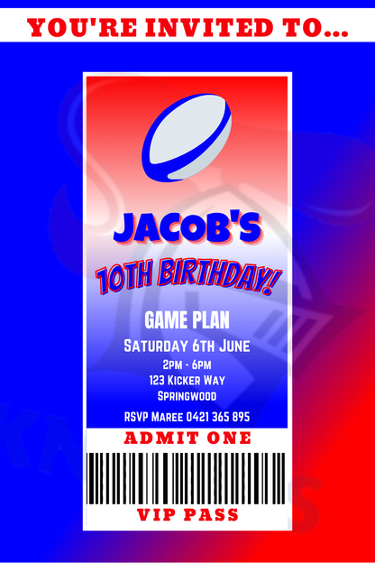 Newcastle Knights themed VIP Pass Birthday Invitation