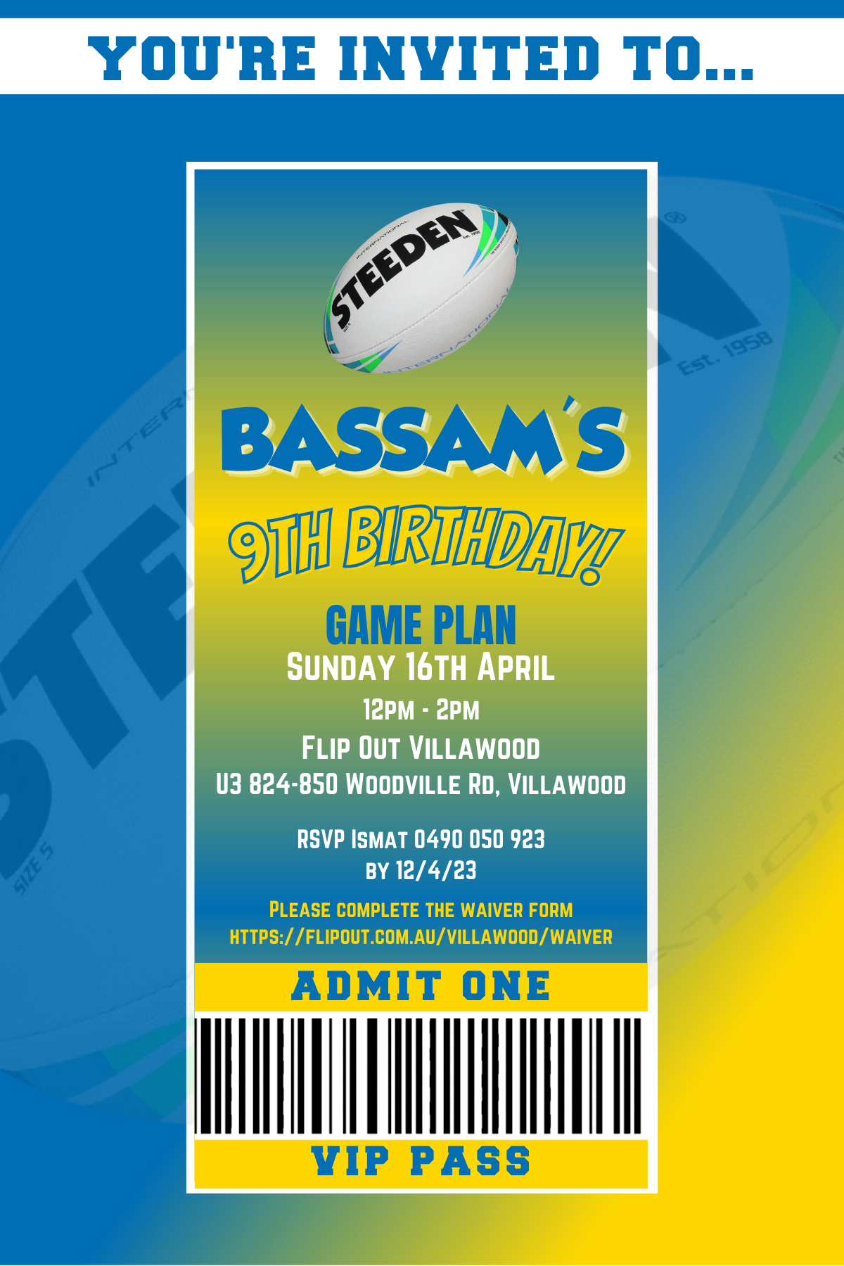 Parramatta Eels VIP Pass Birthday Invitation