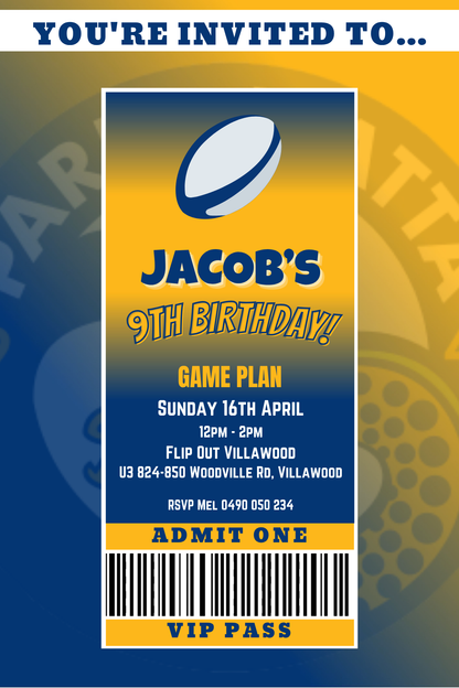 Parramatta Eels VIP Pass Birthday Invitation