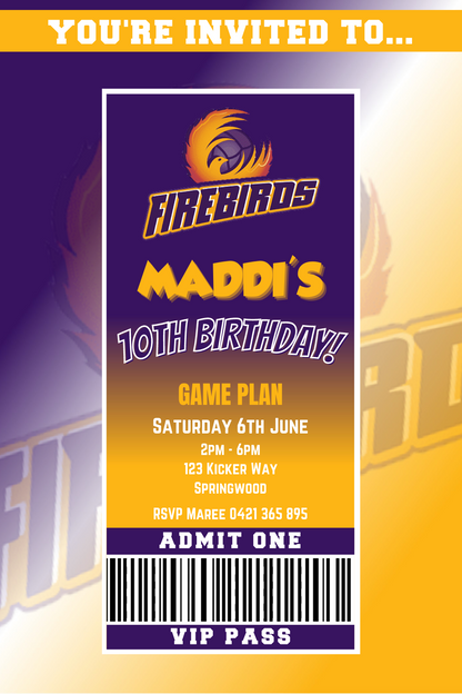QLD Firebirds Netball VIP Pass Birthday Invitation