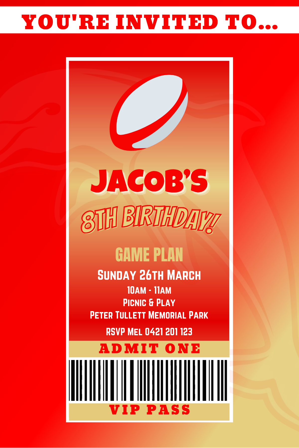 Redcliffe Dolphins VIP Pass Birthday Invitation