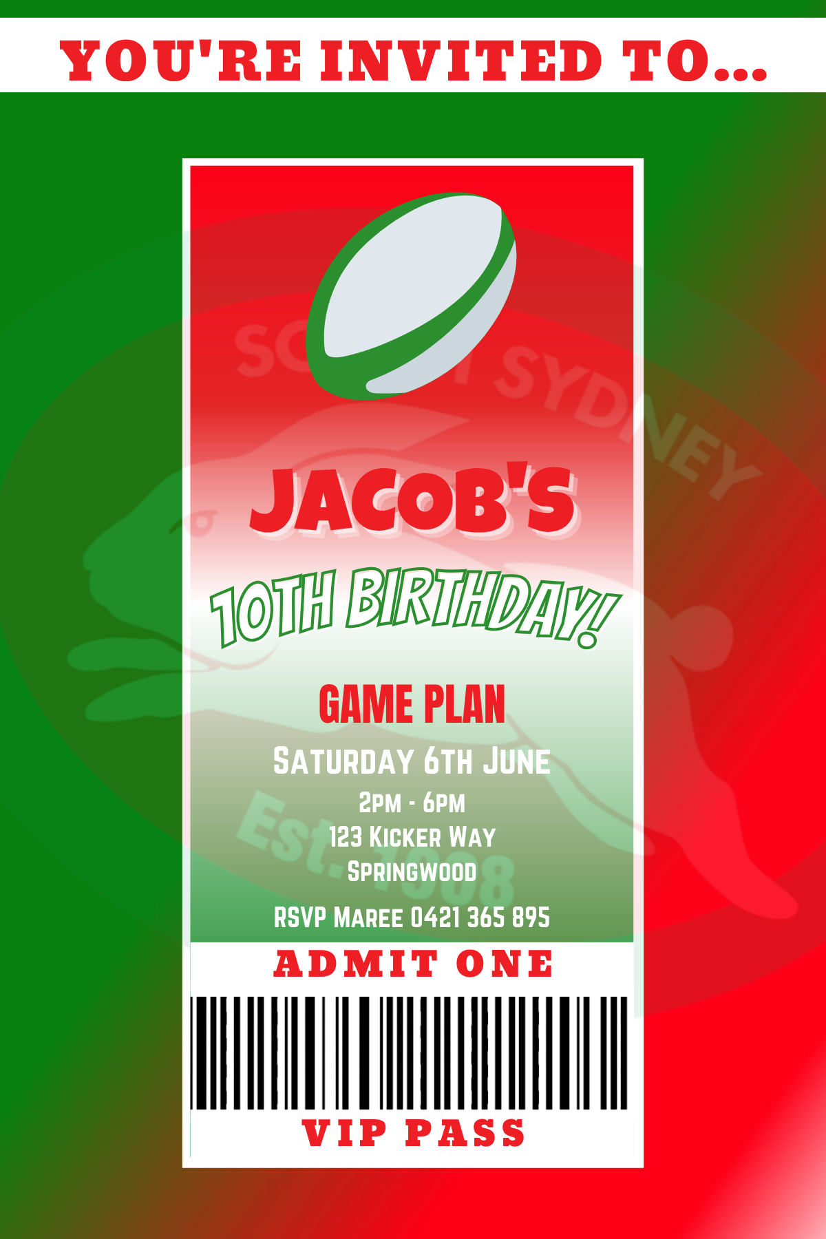 South Sydney Rabbitohs VIP Pass Birthday Invitation
