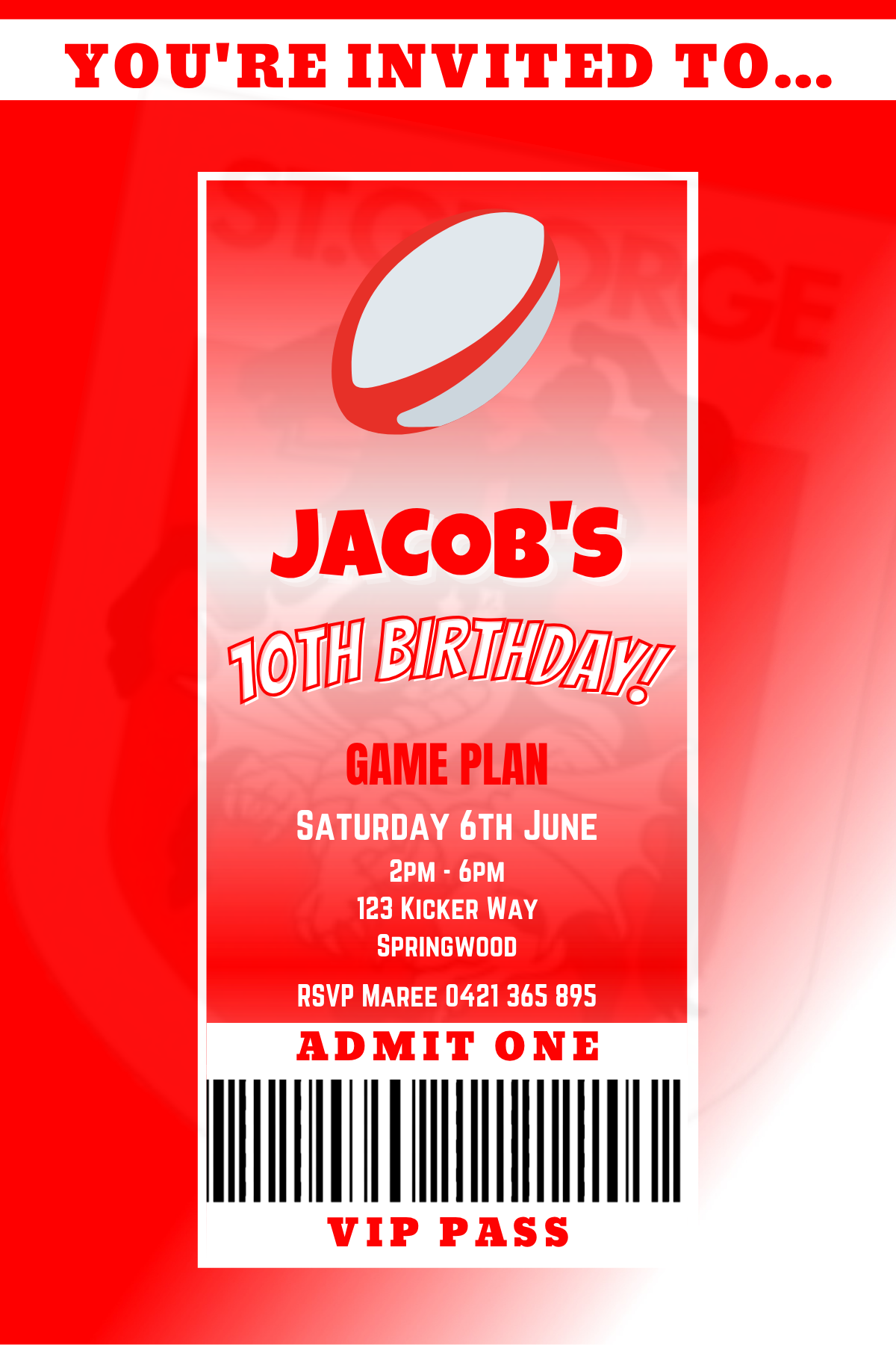 St George Illawarra Dragons VIP Pass Birthday Invitation