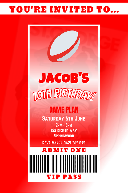 St George Illawarra Dragons VIP Pass Birthday Invitation