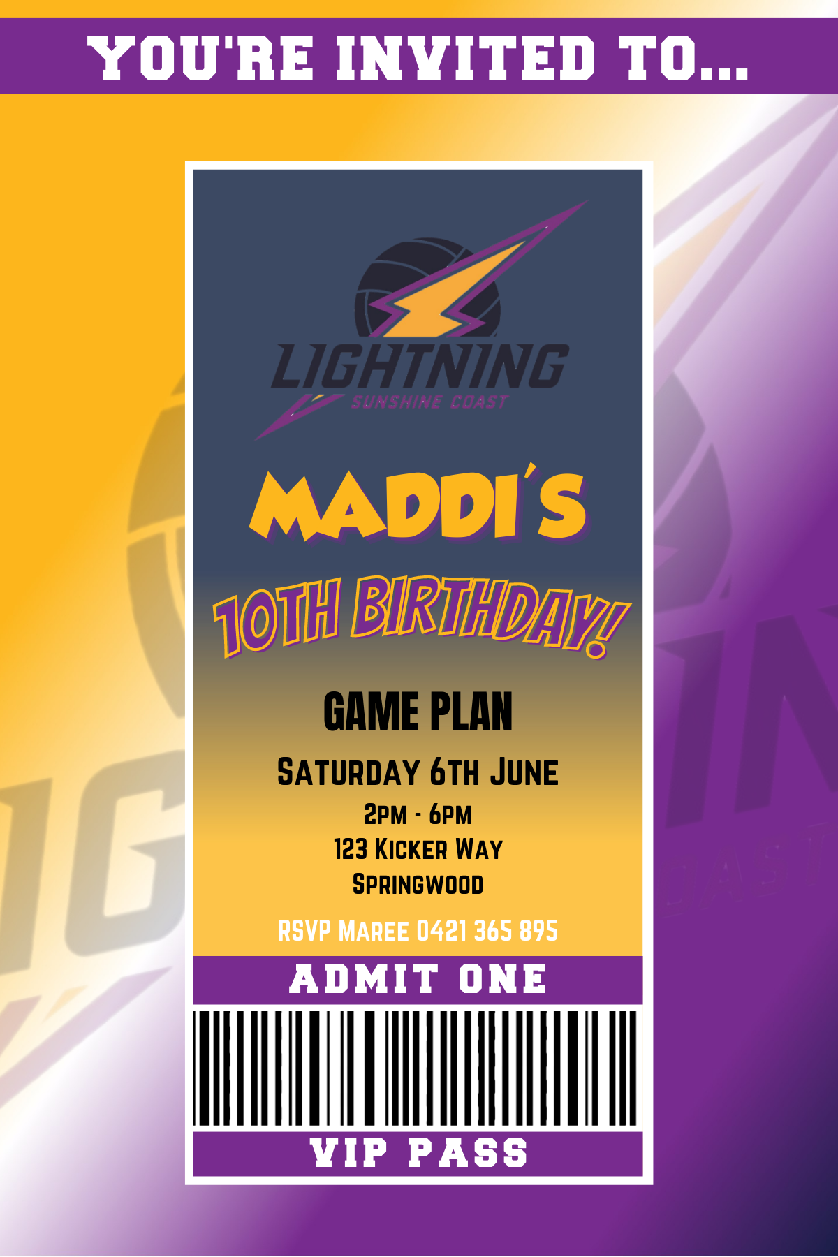 Sunshine Coast Lightning Netball VIP Pass Birthday Invitation