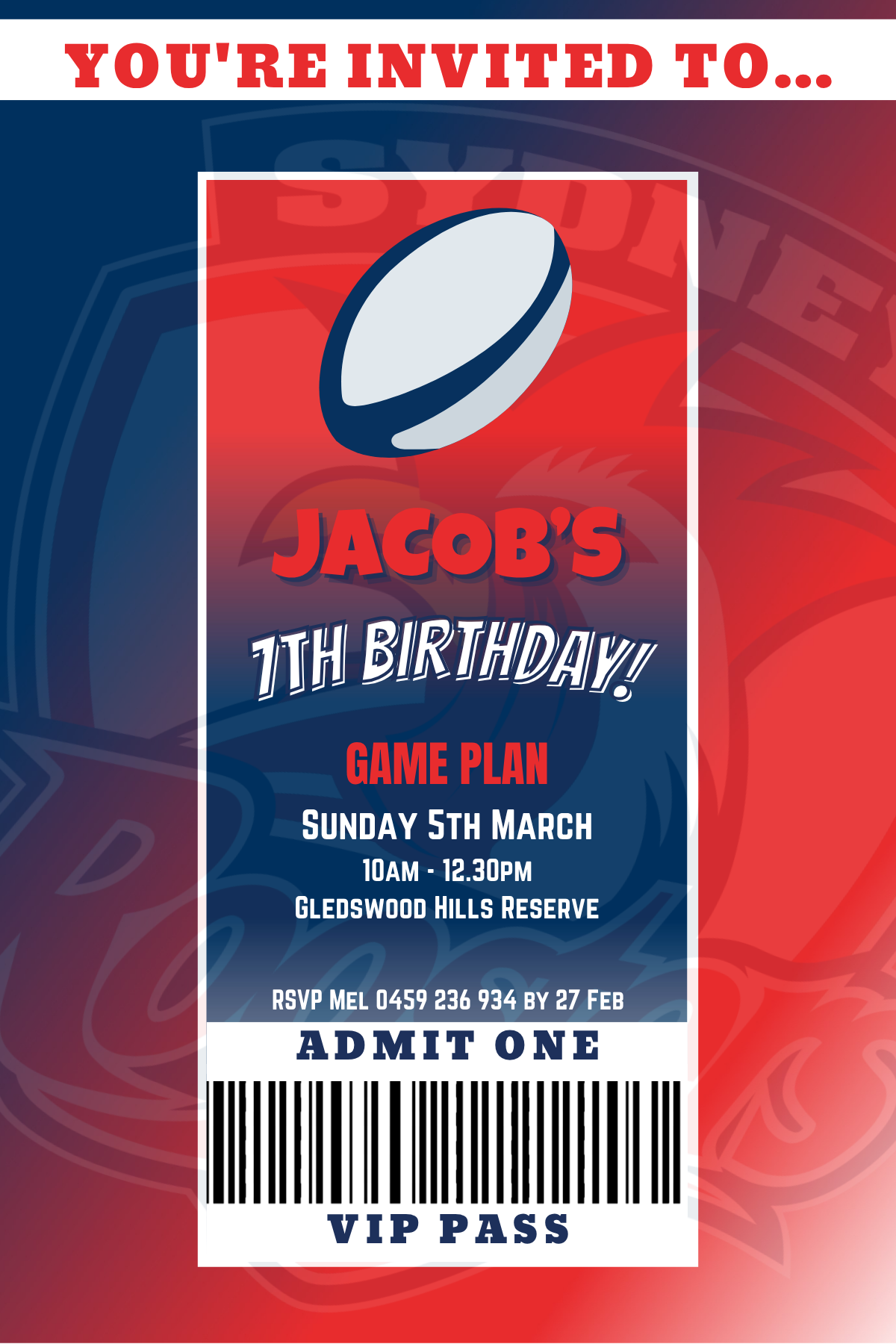 Sydney Roosters VIP Pass Birthday Invitation