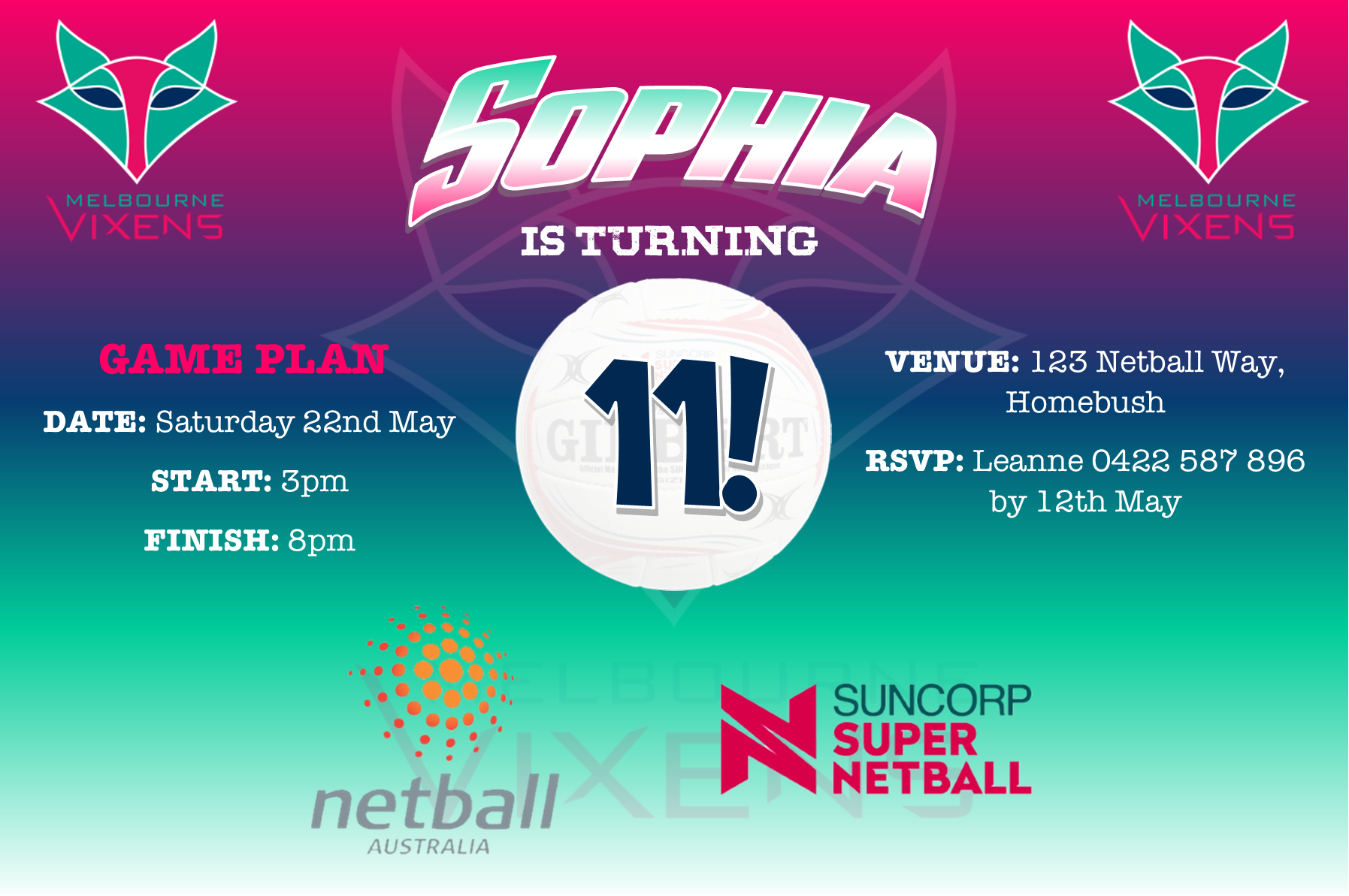 Melbourne Vixens Netball Birthday Invitation – Maz Kreations