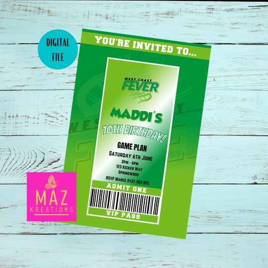 West Coast Fever Netball VIP Pass Birthday Invitation