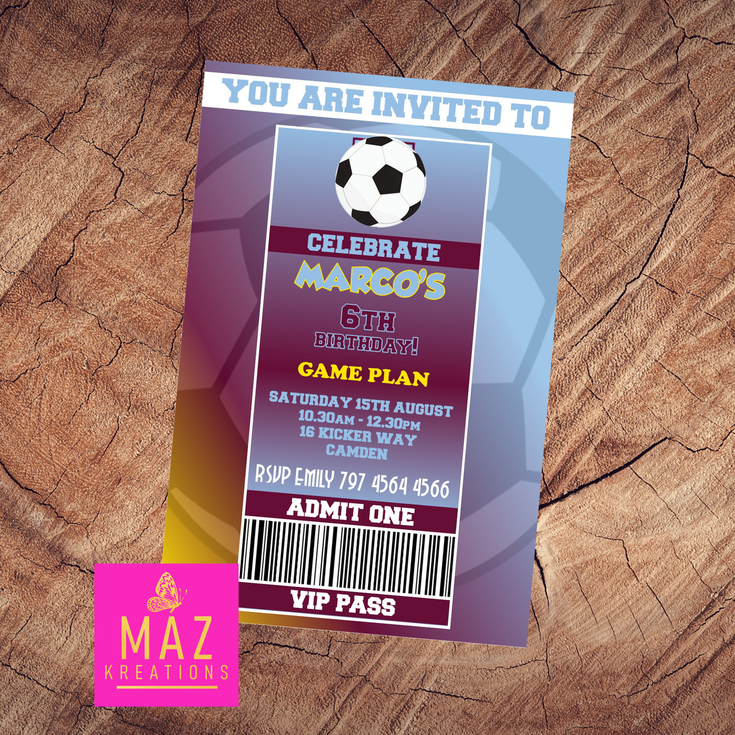 Aston Villa themed Birthday Invitation