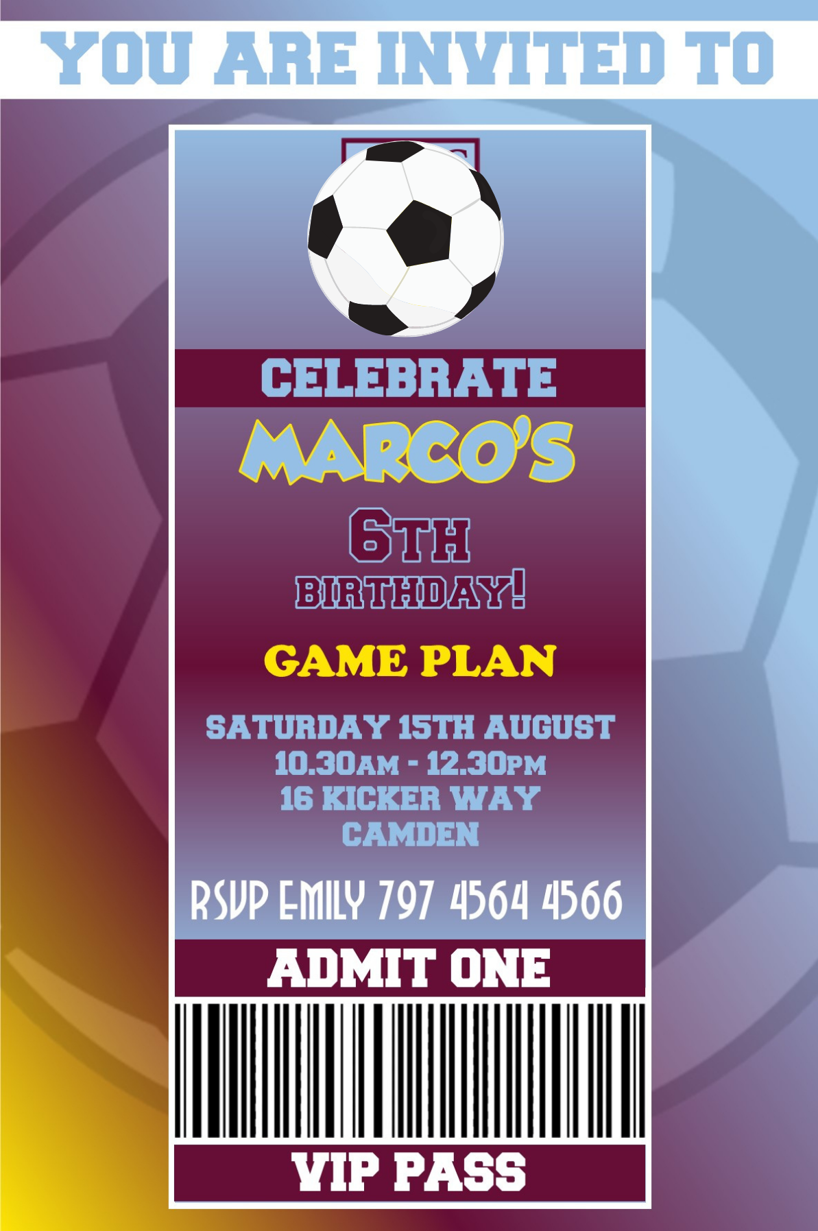 Aston Villa themed Birthday Invitation