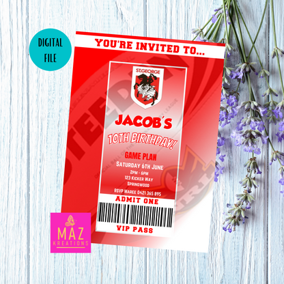 St George Illawarra Dragons VIP Pass Birthday Invitation