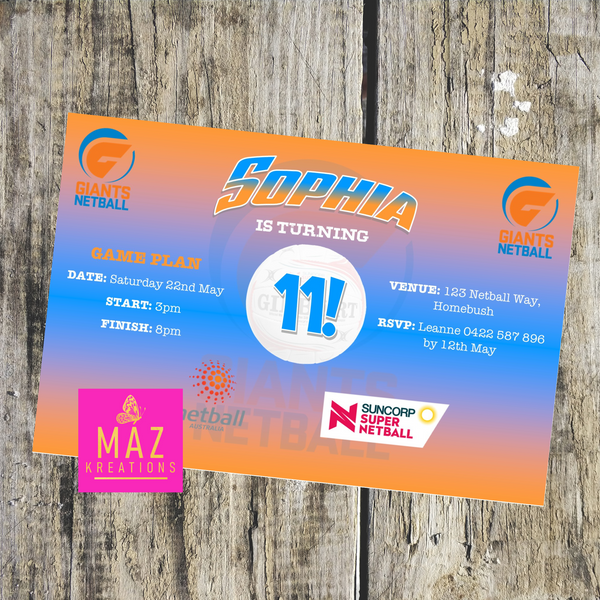 Giants Netball Birthday Invitation – Maz Kreations