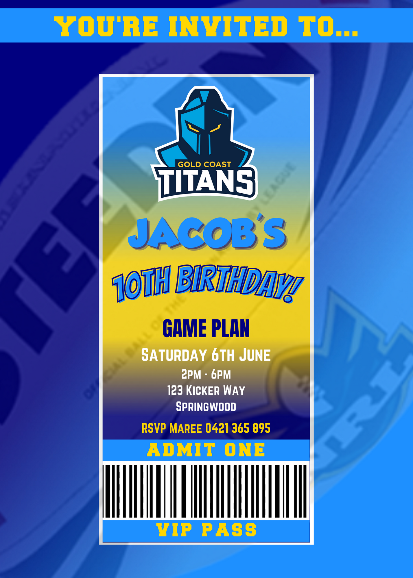 Gold Coast Titans VIP Pass Birthday Invitation