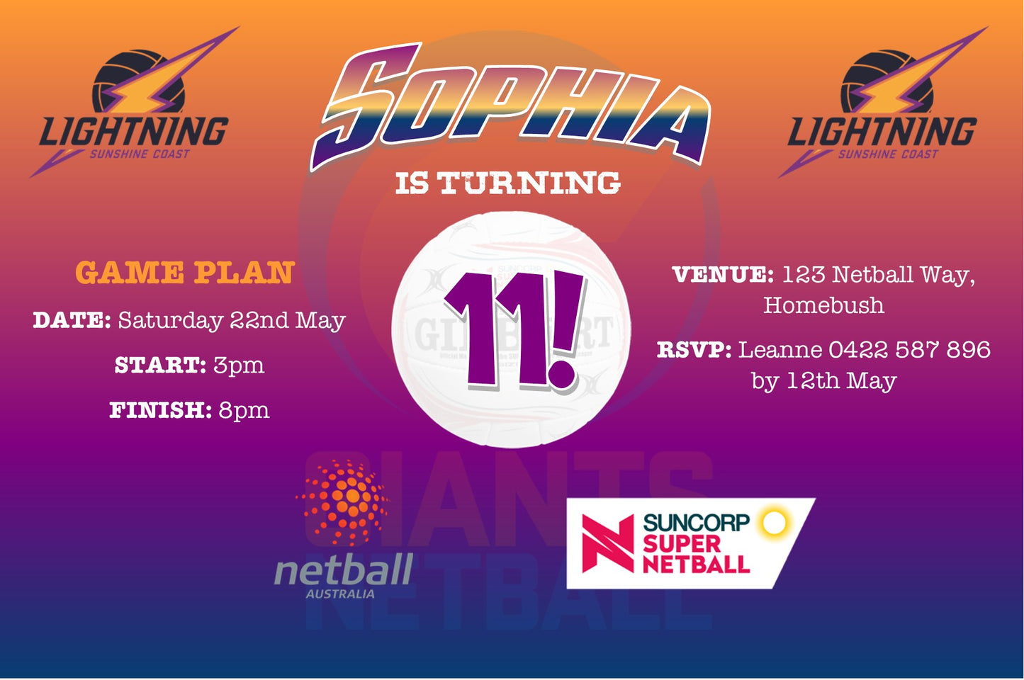 Sunshine Coast Lightning Netball Birthday Invitation