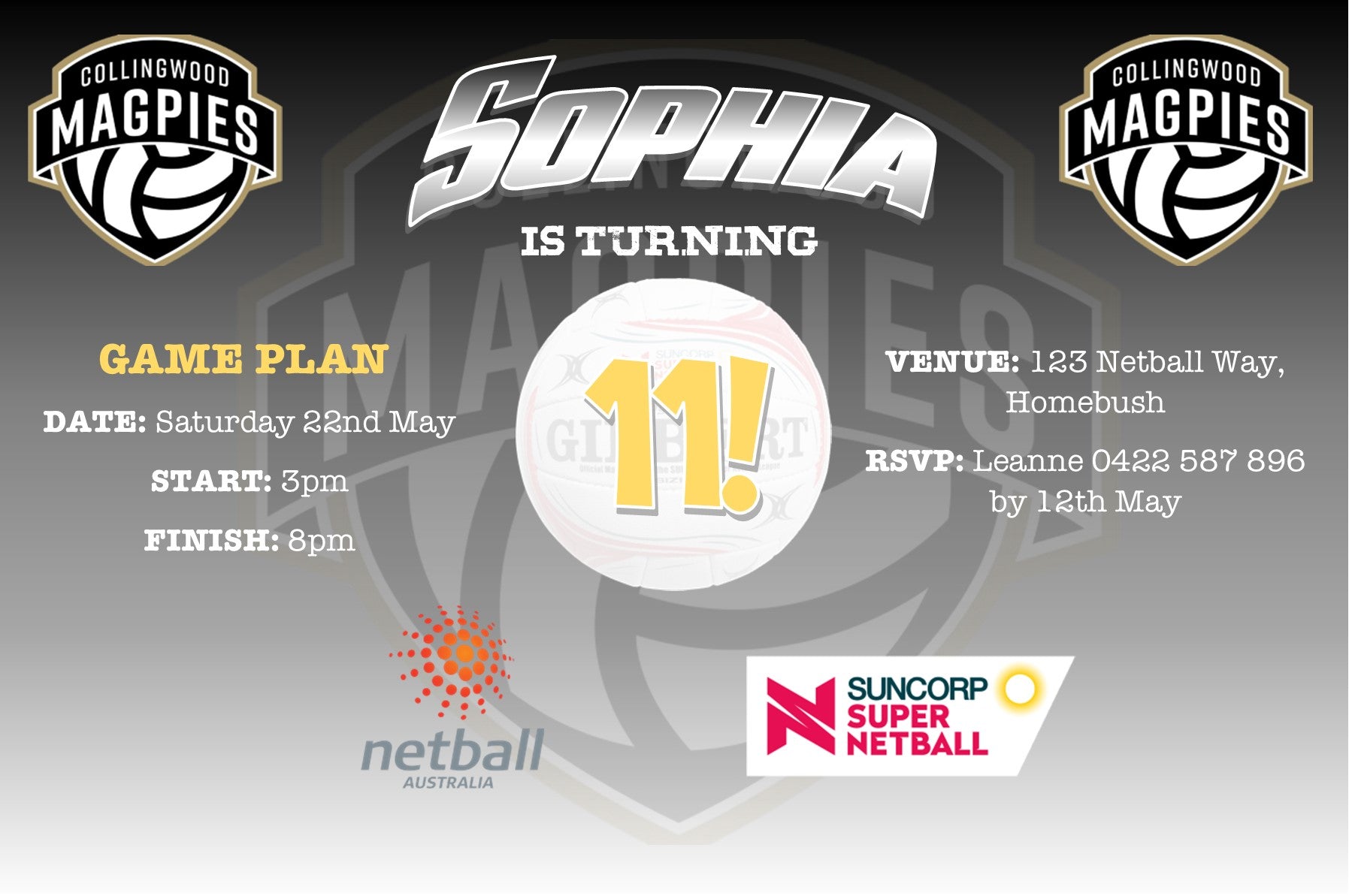 Collingwood Magpies Netball Birthday Invitation – Maz Kreations