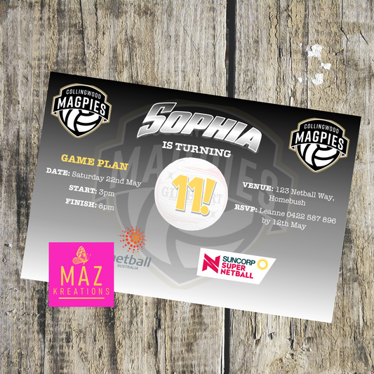 Collingwood Magpies Netball Birthday Invitation